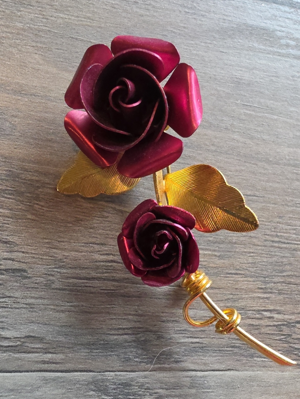 Vintage Gold and Burgundy Rose Brooch - Elegant Women’s Floral Jewelry